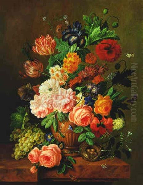 Groses Blumenstuck In Altmeisterlichem Stil Mit Schmetterlingen Und Trauben Oil Painting by Franz Xaver Pieler