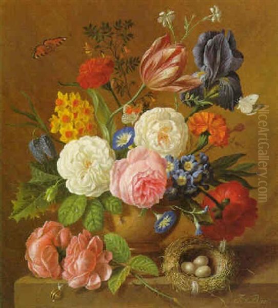 Blumenstuck Mit Vogelnest Und Schmetterlingen by Franz Xaver Pieler