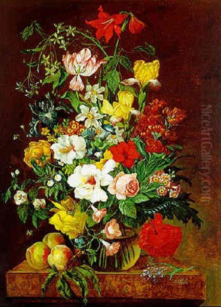 Blumenstraus Mit Rosen, Mohn, Narzissen Und Anderen Bluten In Einer Glasvase Auf Einem Marmortisch by Franz Xaver Pieler