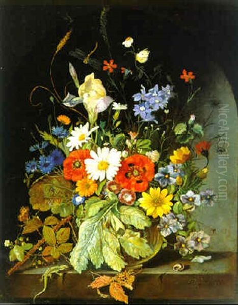 Ein Wiesenblumenstraus In Einer Glasernen Vase Und Verschiedene Tiere Oil Painting by Franz Xaver Pieler