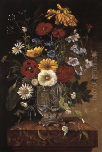 Poppies And Other Flowers In Vase On Ledge With Snail Oil Painting by Franz Xaver Pieler