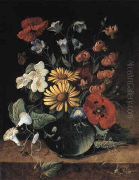 Flowers In A Vase With A Grasshopper On A Ledge by Franz Xaver Pieler