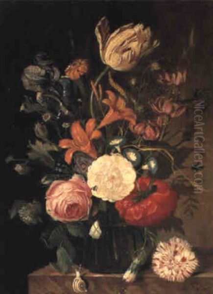 Flowers In A Vase On A Ledge by Franz Xaver Pieler