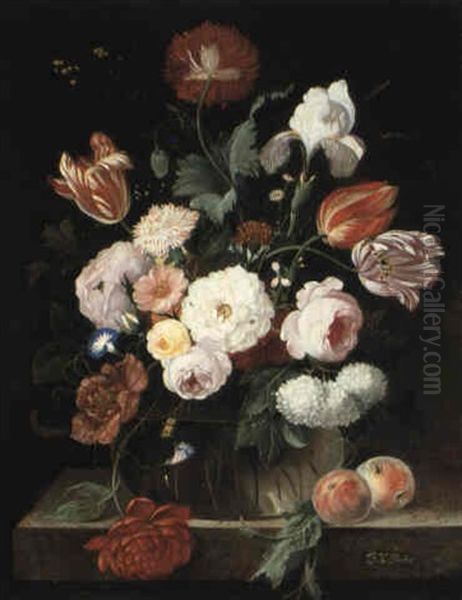 Still Life Of Roses, Tulips, Irises, Carnations And Other   Flowers In A Vase On A Ledge With Peaches Oil Painting by Franz Xaver Pieler