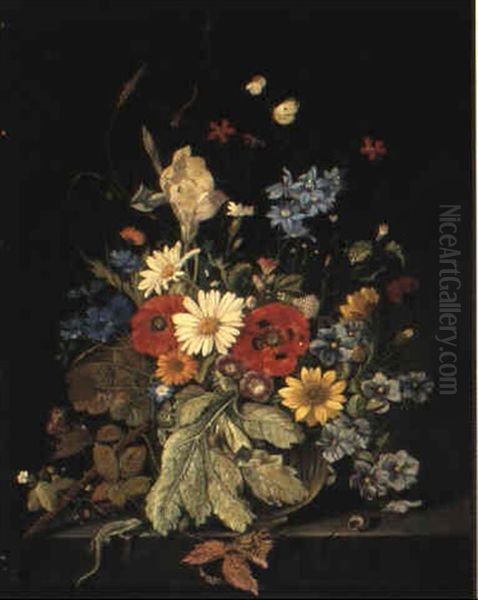 A Still Life With Flowers On A Ledge by Franz Xaver Pieler