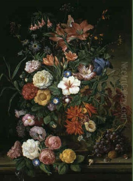 Grosses Blumenstuck Mit Amaryllis, Teerosen, Ackerwinden,   Kaktusbluten In Steinvase Oil Painting by Franz Xaver Pieler