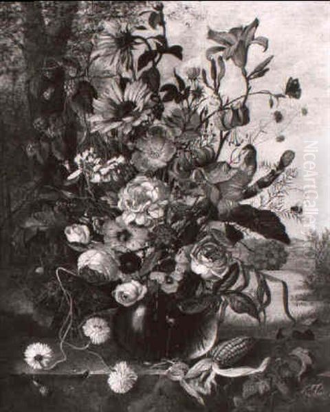 Blumenstilleben In Barockmanier Auf Einer Steinmauer Vor    Landschaft by Franz Xaver Pieler