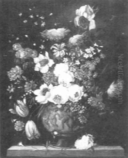 Still Life With Tulips, Carnations, Wild Roses, Iris And Chrysanthemums In An Urn by Franz Xaver Pieler