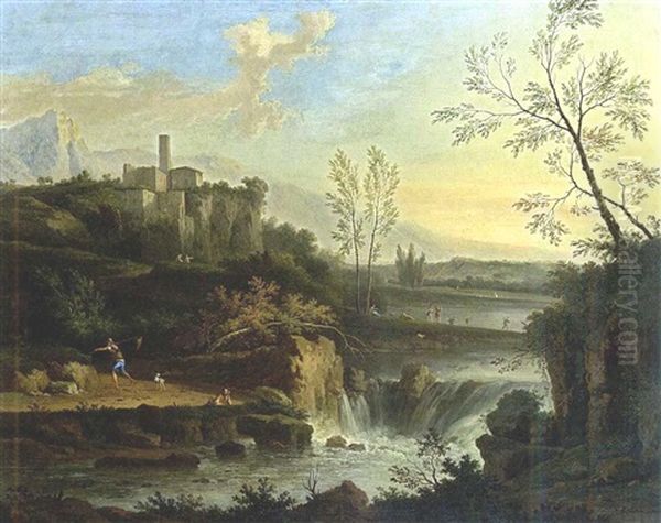 An Extensive Classical River Landscape With A Waterfall, And A Fisherman With A Dog On A Path, Other Figures Near The River Beyond, A Town On A Rocky Outcrop Beyond Oil Painting by Nicolas (Opgang) Piemont