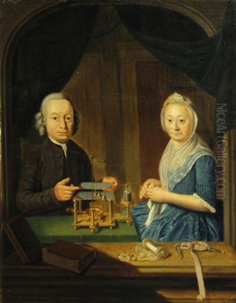 A Portrait Of A Man And Woman, Seated In An Alcove, The Man Pointing To A Scientific Instrument And The Woman Knitting Oil Painting by Nikolaas Pieneman