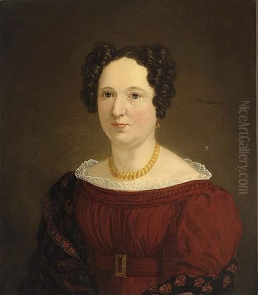 Portrait Of A Lady Wearing A Red Dress With A Lace Collar Oil Painting by Nikolaas Pieneman