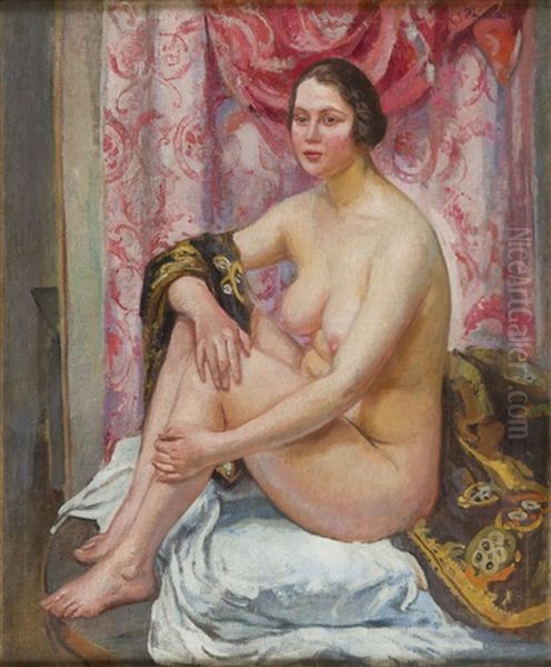 Nude With Pink Curtain Oil Painting by Ignacy Pienkowski