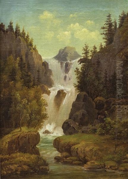 Horska Krajina S Vodopadem Oil Painting by August Bedrich Piepenhagen