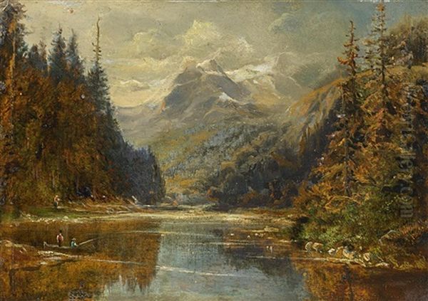 Gebirgssee Mit Anglern Oil Painting by August Bedrich Piepenhagen