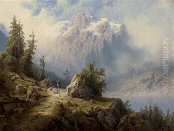 Gebirgslandschaft Mit See Und Wanderer Oil Painting by August Bedrich Piepenhagen