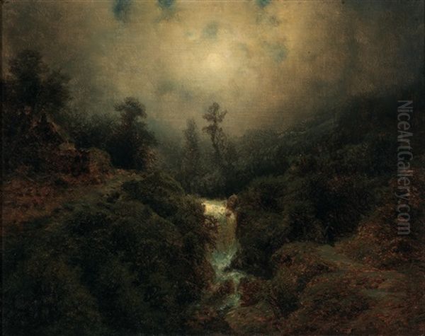 Romantic Moonlit Landscape With Walker Oil Painting by August Bedrich Piepenhagen