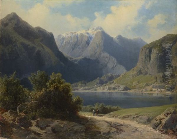 An Alpen Lake Between Mountains Oil Painting by August Bedrich Piepenhagen