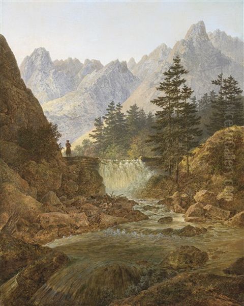 Gebirgslandschaft Mit Wanderer (the Wanderer) Oil Painting by August Bedrich Piepenhagen