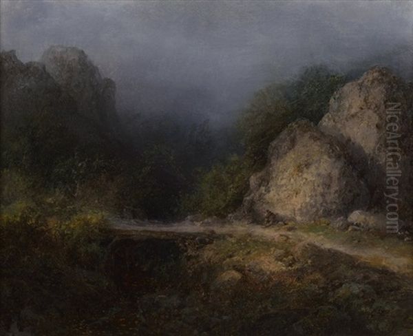 Footbridge In The Nighttime Landscape Oil Painting by August Bedrich Piepenhagen