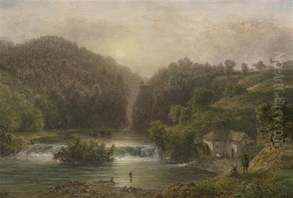 Flusslandschaft Mit Angler Oil Painting by August Bedrich Piepenhagen