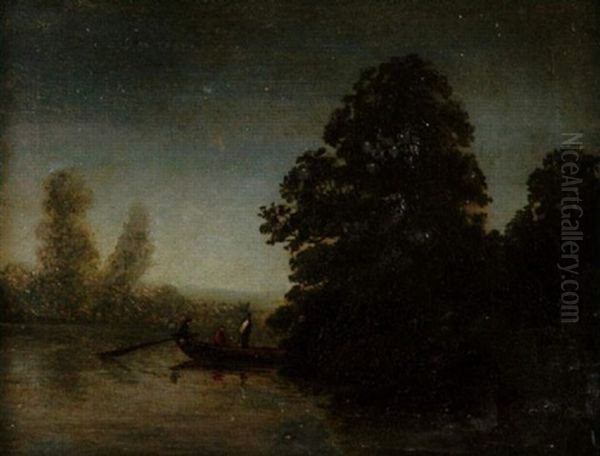 Fluslandschaft Mit Kahn In Der Abendammerung Oil Painting by August Bedrich Piepenhagen