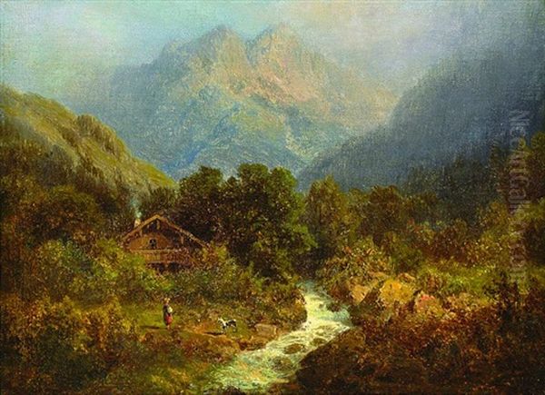 Cottage In A Mountain Stream Oil Painting by Charlotte Piepenhagen