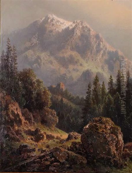 An Alpine Landscape With A Ruined Castle Oil Painting by Charlotte Piepenhagen