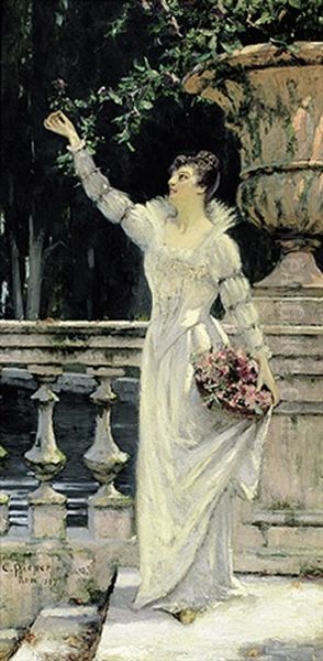 Portrait Einer Jungen, Vornehmen Frau Im Weisen Kleid Mit Blutenkorb Vor Steinerner Balustrade Oil Painting by Christian Pieper