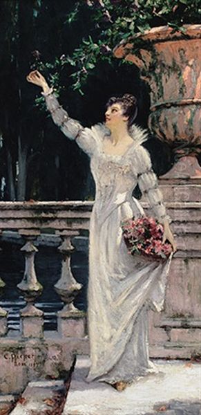 Portrait Einer Jungen, Vornehmen Frau Im Weisen Kleid Mit Blutenkorb, Vor Steinerner Balustrade Oil Painting by Christian Pieper