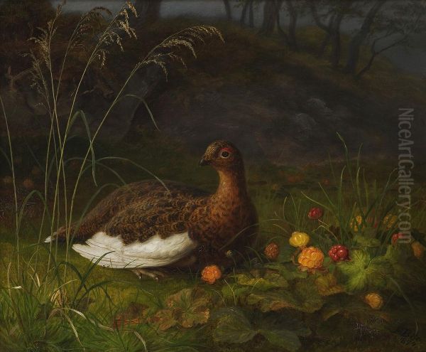 Ptarmigan And Cloudberry Oil Painting by Frants Diderik Boe