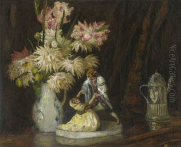 Stillleben Mit Gladiolen, Chrysanthemen, Einer Porzellanfigurgruppe Und Einer Kaffeekanne Oil Painting by Karl Johann Nikolaus Piepho