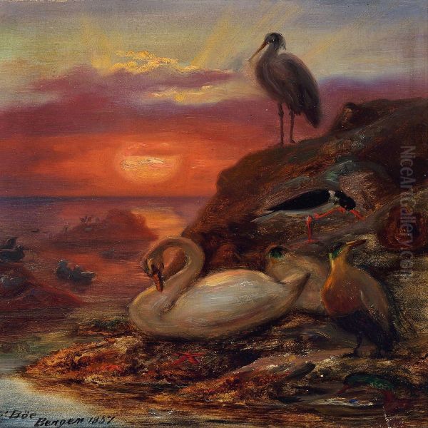 Birds In The Midnight Sun Oil Painting by Frants Diderik Boe