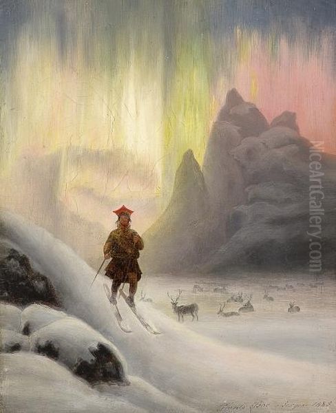 Sami On Skis In Northern Lights Oil Painting by Frants Diderik Boe