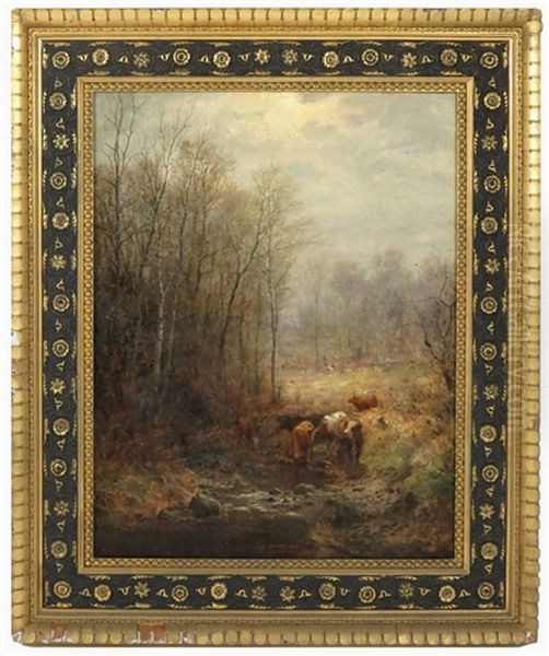 Cows Drinking At A Stream Oil Painting by Charles Franklin Pierce