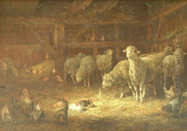 Barn Interior With Hens And Lambs Oil Painting by Charles Franklin Pierce