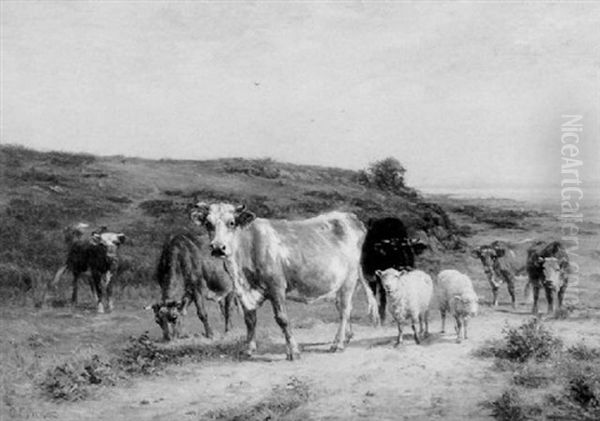 The Road To Pasture. Landscape With Cattle And Sheep Oil Painting by Charles Franklin Pierce