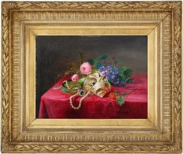 Oppstilling Med Blomster, Muslinger Og Smykker Oil Painting by Frants Diderik Boe