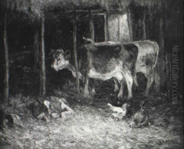 Barn Interior With Cows And Chickens Oil Painting by Charles Franklin Pierce