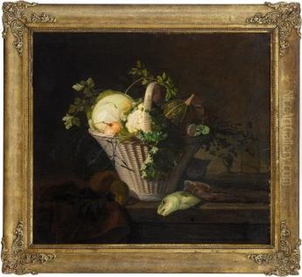 Stilleben Med Gronnsakskurv Og Fisk 1842 Oil Painting by Frants Diderik Boe