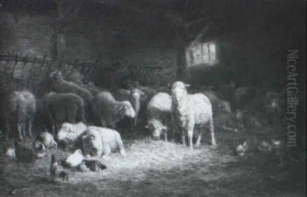 Sheep And Chickens In A Barn Oil Painting by Charles Franklin Pierce