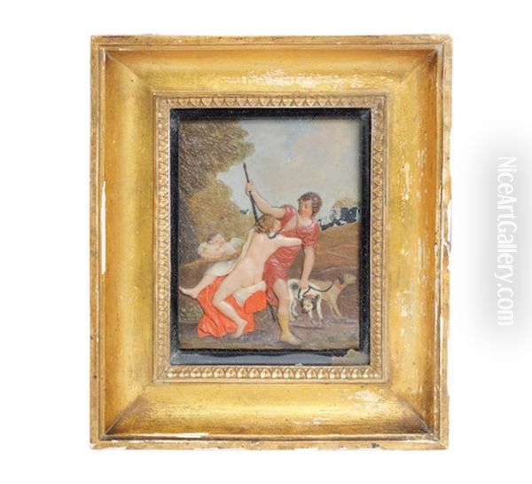 A Rare Third Quarter 18th Century Neopolitan Relief Cast Coloured Wax Figural Plaque Depicting Venus And Adonis Oil Painting by Giovanni Francesco Pieri