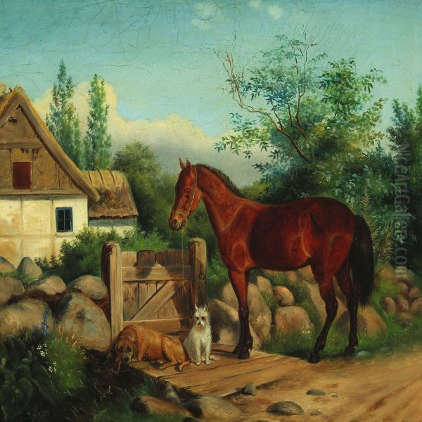 Farm Exterior With A Horse And Two Dogs Waiting At The Gate Oil Painting by Carl Henrik Bogh