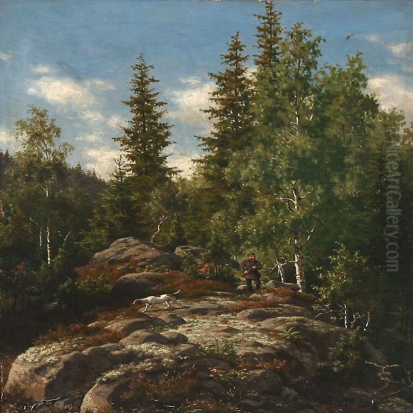 Sunny Rock Landscape With A Hunter And His Dog Oil Painting by Carl Henrik Bogh