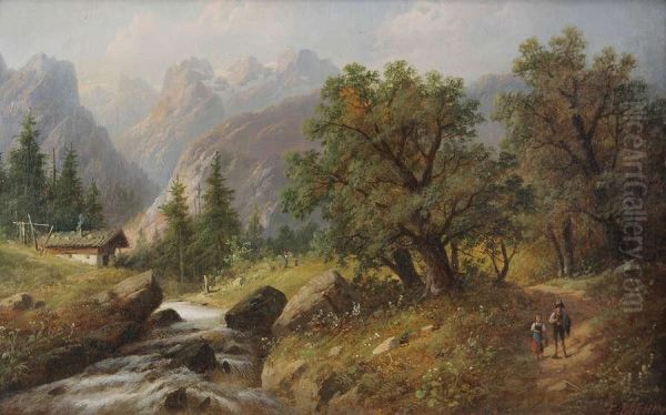 Zwitsers Berglandschap Met Personages Oil Painting by Edouard Boehm