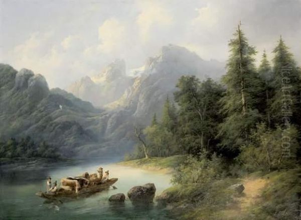 Passage Du Gue Dans La Vallee Montagneuse Oil Painting by Edouard Boehm