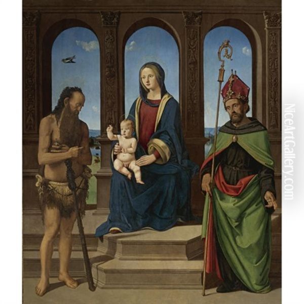 The Madonna And Child Enthroned With Saints Onophrius And Augustine Oil Painting by  Piero di Cosimo