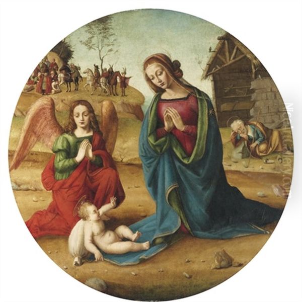 The Holy Family With An Adoring Angel Oil Painting by  Piero di Cosimo