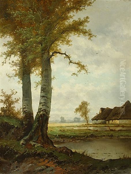 Bouleaux Devant Une Ferme Dans Un Paysage Oil Painting by Henri Joseph Pieron