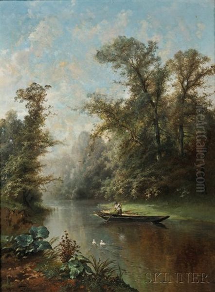 Boating On A Quiet River Oil Painting by Henri Joseph Pieron