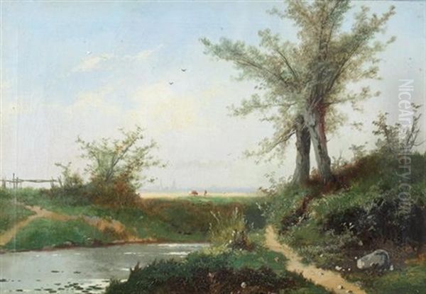 Landscape With Cows And Distant City Oil Painting by Henri Joseph Pieron